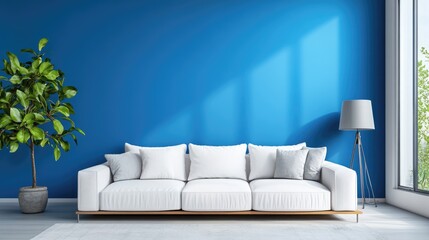 Modern Living Room Interior with Stylish White Sofa on Blue Wall Background