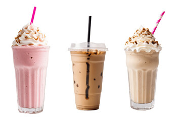 set of milkshake strawberry chocolate coffee with cream isolated on transparent background