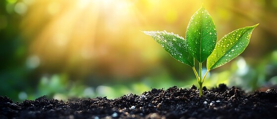 Fresh green plant growing in fertile soil with sunlight and dewdrops, symbolizing the importance of growth and environmental science