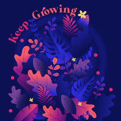 Blue and pink theme flowers with tropical leaves, bouquet of natural flowers, party card, greatings card