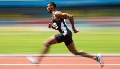 Fototapeta premium A male athlete running on a track with a blurred background, showcasing speed and determination.