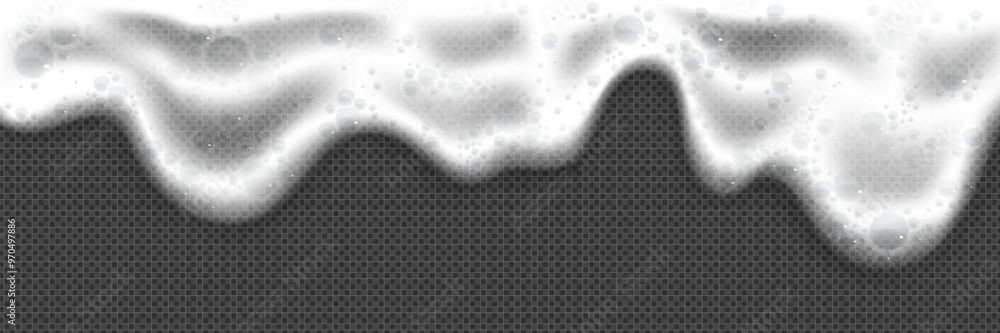 Poster beer foam texture. 3d white shampoo soap vector. lather detergent wave realistic border pattern. foa