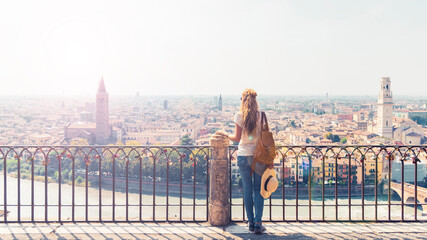 Woman Admiring the Panoramic View of Florence, Italy from a Scenic Viewpoint- Firenze