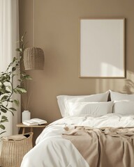 Minimalist Scandinavian Bedroom Interior with Wooden Furniture and Mock Up Frame