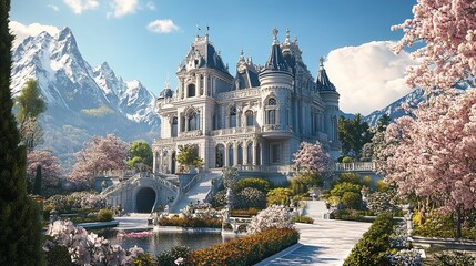 A Majestic Renaissance Castle Stands Proud Amidst Lush Gardens, Bathed in Warm Sunlight and Serene Skies.