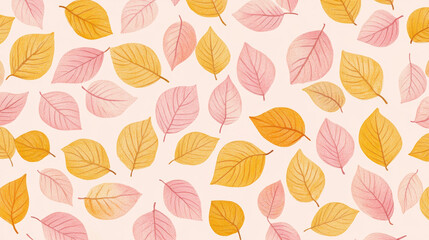Obraz premium A beautiful pattern with delicate pink and yellow leaves, perfect for wallpaper or fabric. It's a cheerful design with a hand-drawn, whimsical feel.