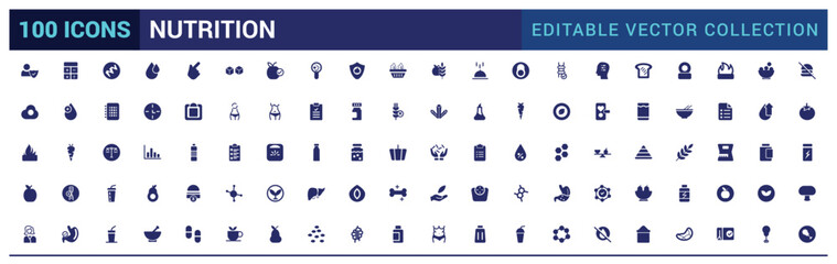 Nutrition icons set. Healthy food and diet vector icons. Solid icon set. Glyph icon for web and ui. Filled icon pack, editable stroke. Vector illustration.