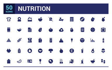 Nutrition icons set. Healthy food and diet vector icons. Solid icon set. Glyph icon for web and ui. Filled icon pack, editable stroke. Vector illustration.