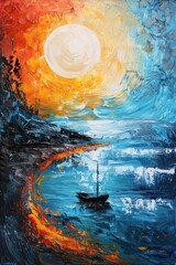 A vibrant sunset over a tranquil sea, featuring a small boat and colorful sky, evoking peace and reflection.