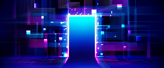 Future door background. Digital futuristic neon light for opportunity. Open matrix portal to innovation space. Education through doorway for cyber science discovery design. Pixel hud graphic