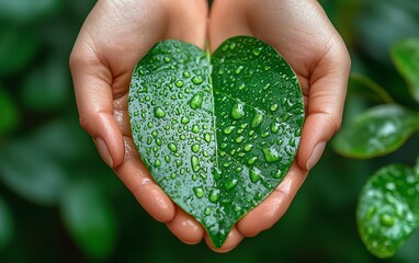 Green leaf held in hands with water droplets, representing CO2 emission reduction, sustainable development, and renewable energy for global warming solutions