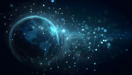 Abstract digital network connections with nodes and lines on a dark blue background, concept of connectivity