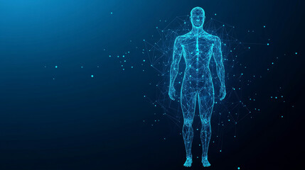 A blue background shows a simplified outline of a man's body made of shapes, dots, and lines. This represents the idea of health and medicine in a digital way.low poly vector illustration.