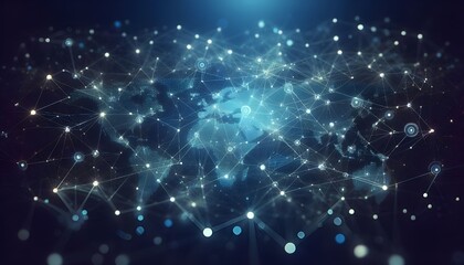 Abstract digital network connections with nodes and lines on a dark blue background, concept of connectivity