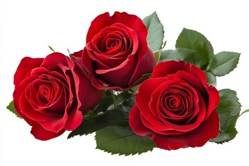 Three red roses with green leaves isolated on white background.