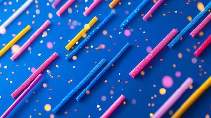 Fototapeta premium A blue background with straight lines, decorated with colorful sparkling sticks. This eye-catching design is perfect for advertising your business.