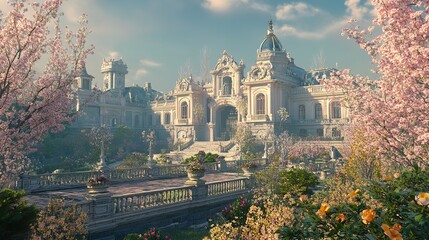 Obraz premium A Majestic Renaissance Castle Stands Proud Amidst Lush Gardens, Bathed in Warm Sunlight and Serene Skies.