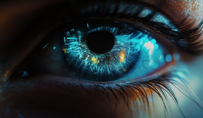 A close-up view of an intricately detailed eye capturing vibrant blue light and reflections