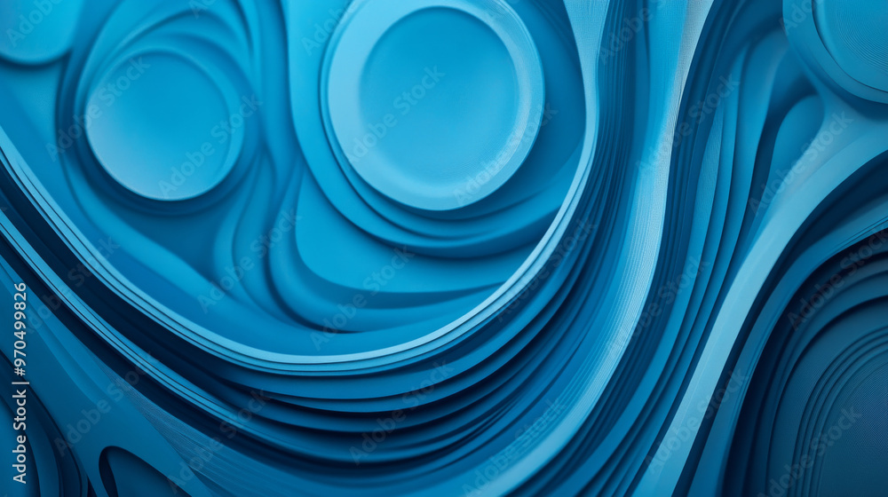 Poster a blue design with lines and circles. it has a modern look with a swirly, marble-like pattern. the w