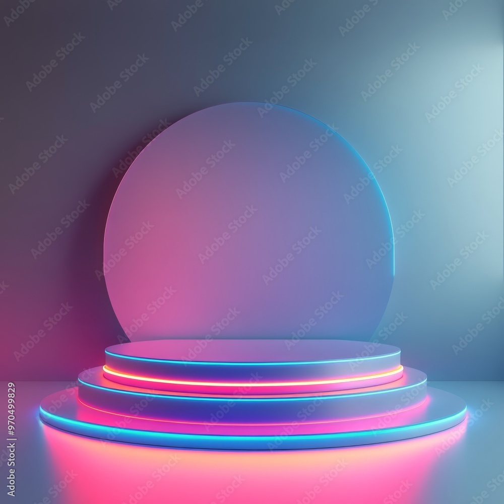 Aufkleber a vibrant illuminated stage setup with concentric circles and a glowing backdrop at dusk