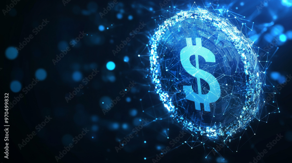Poster a blue dollar coin is made up of many small, geometric shapes. the coin is moving and its lines conn