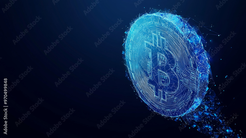 Poster a blue dollar coin is made up of many small, geometric shapes. the coin is moving and its lines conn