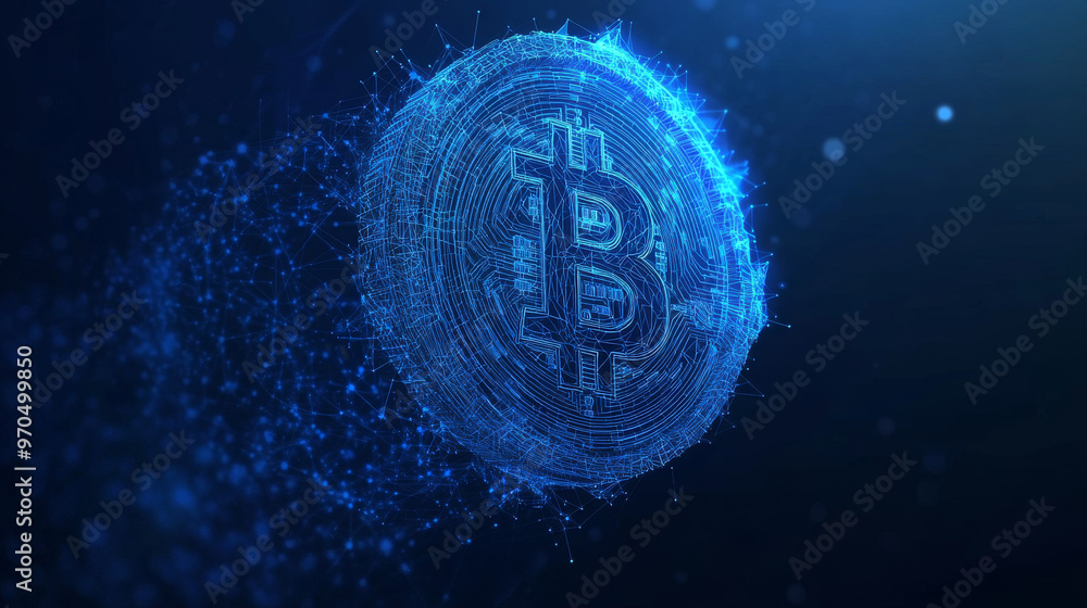 Poster a blue dollar coin is made up of many small, geometric shapes. the coin is moving and its lines conn