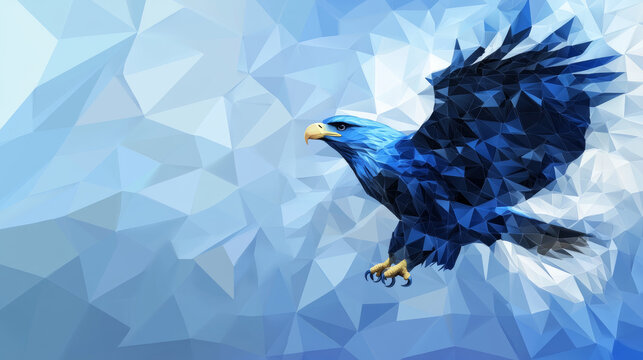 A blue eagle is made up of many small triangles, creating a modern, geometric look. The eagle is in flight, its wings spread out, as if it's soaring through the air.low poly vector illustration.