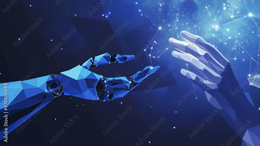 Poster a blue, low-poly robot arm reaches out to touch a human hand. the design suggests a connection betwe