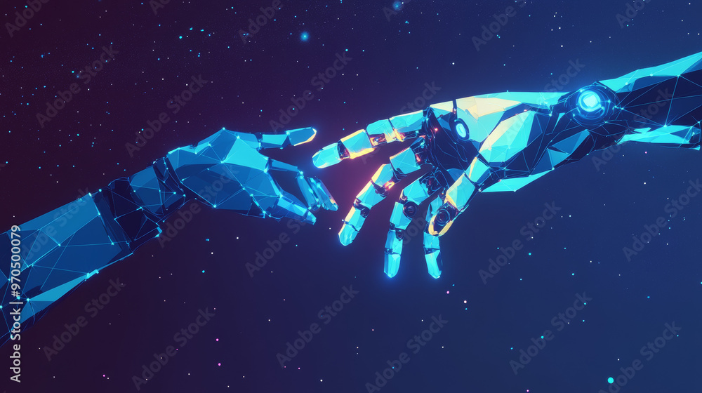 Poster a blue, low-poly robot arm reaches out to touch a human hand. the design suggests a connection betwe
