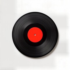 Black Vinyl Record with Red Center on White Background