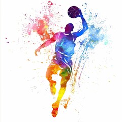 Fototapeta premium watercolor painting of a basketball player, with vibrant splashes of color highlighting the athleticism and movement against a white backdrop.