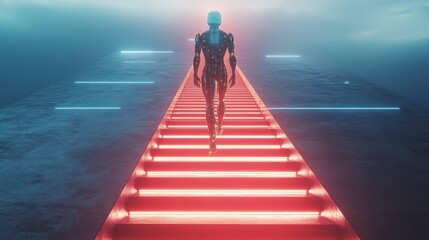 robot or cyborg with AI goes up futuristic stairs in full growth. AI or artificial intelligence learning concept. AI Future technology