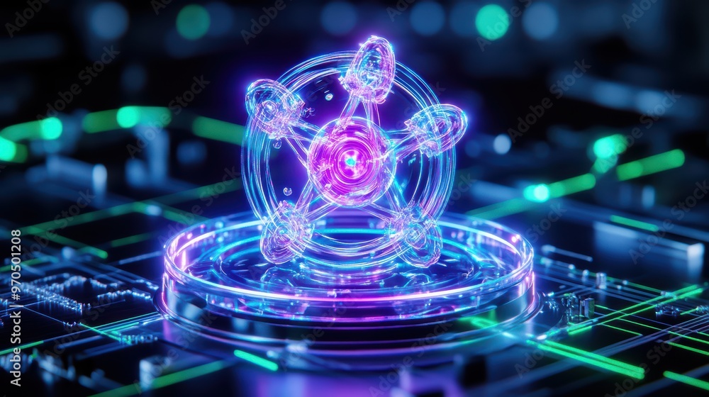 Poster a futuristic atom model illuminated with neon colors, symbolizing technology and science in a digita