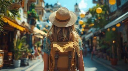 Obraz premium Young Blonde Woman Tourist with Backpack and Hat Walking Through a Crowded City Street, Detailed Background, Summer Vacation Concept