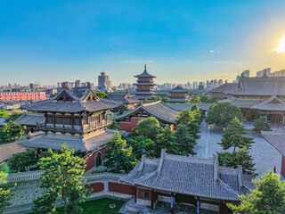 Aerial photography of Huayan Temple in Datong, Shanxi Province on a sunny summer day with blazing clouds