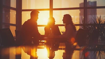 Couple with Financial Planner in Office Discussing Retirement, Silhouette Style, Finance Theme