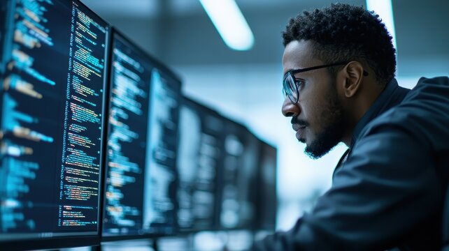 Focused programmer analyzing data on multiple screens in a modern tech environment, showcasing coding expertise and innovation.