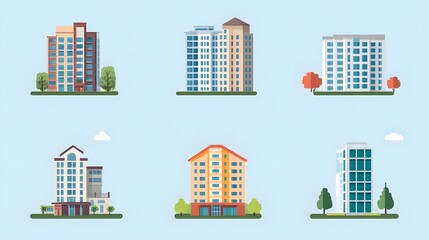 Obraz premium Six Different Styles of Apartment Buildings with Trees and a Sky Background