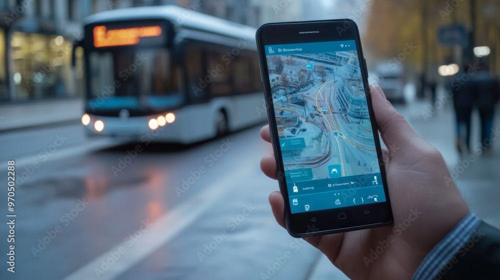Poster a businessman uses his smartphone to track a bus on a map app. the app shows him the bus's location 