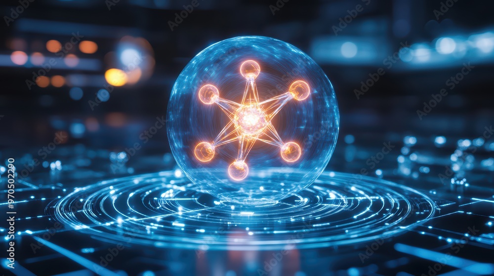 Poster a futuristic digital representation of an atom surrounded by energy patterns, symbolizing advanced t