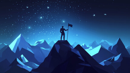 Fototapeta premium A businessman stands on a digital mountaintop, holding a flag. The dark blue background is filled with stars and mountain peaks, representing the challenges he overcame to reach his goals.low poly.