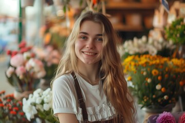 Young beautiful woman in a flower shop.  AI generative