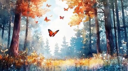 Mystic landscape of a forest clearing with colorful wildflowers and butterflies at dusk. Generative AI