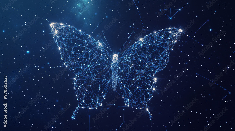 Poster a butterfly made of simple shapes, like a puzzle. the picture shows a starry night with geometric li