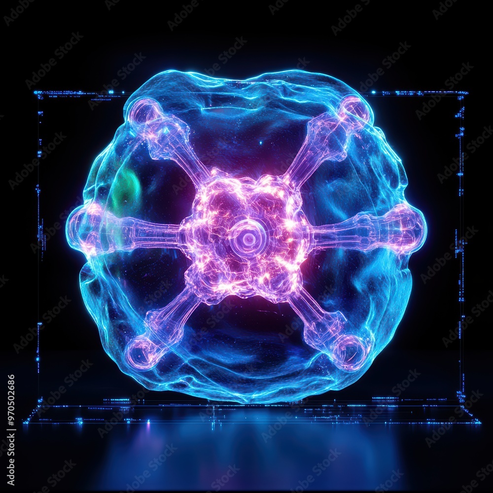 Poster a futuristic representation of a glowing atom depicting atomic structure with vibrant colors against