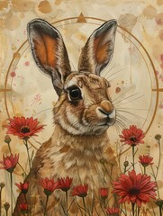 A detailed illustration of a rabbit surrounded by vibrant flowers, blending nature with artistic expression.