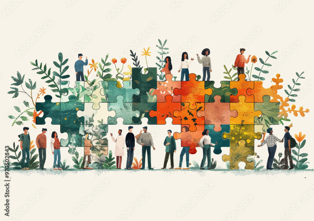 Poster diverse team solving puzzle together symbolizing teamwork, human resources, problem solving, unity, 