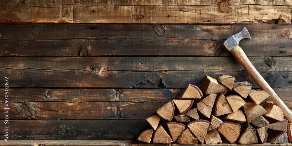 Poster axe positioned on a timber log next to a pile of firewood.