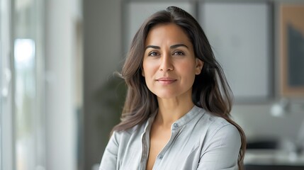 Fototapeta premium Confident Latin Businesswoman in Office, Portrait, Plain Background, Business Theme, Office
